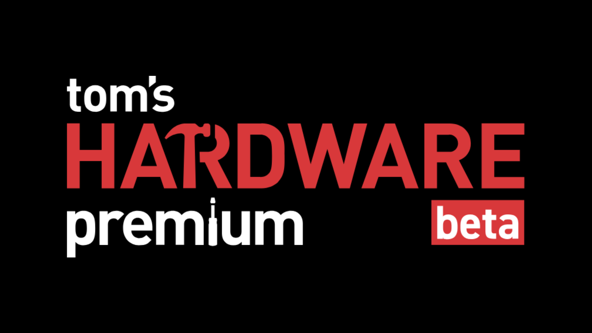 Tom&#039;s Hardware Premium Logo in Red and White with beta lettering.